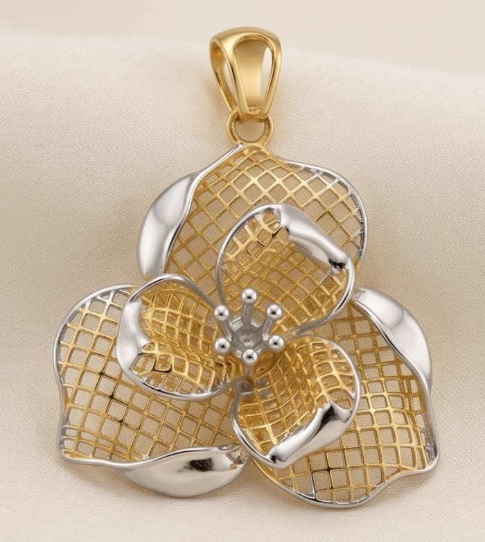 Dubai Style - Golden Rose .925 Sterling Silver dipped in 22K Gold handmade Pendant - Golden rose pendant, front view detail, sterling silver and gold mesh design.