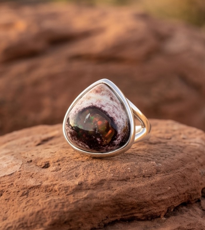 Bonfire Night best quality 18.4 carat Mexican Opal rhodium over .925 Sterling Silver handmade ring 6 - Close-up of Bonfire Night Mexican Opal ring on a rock background.