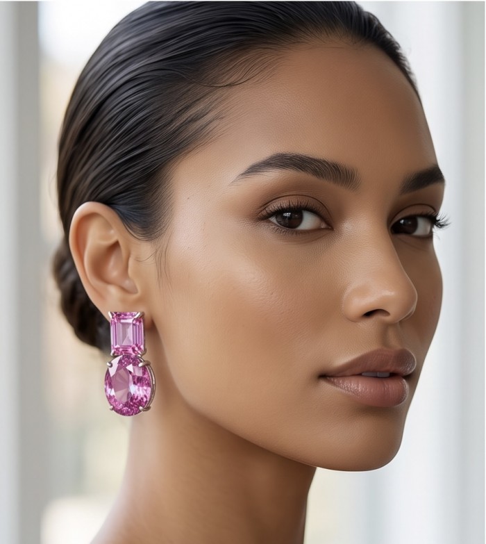 Large - Tiffany - authentic oval cut 29.7 carat Pink Sapphire .925 Sterling Silver handcrafted Earrings - Close-up of woman wearing large pink sapphire earrings.