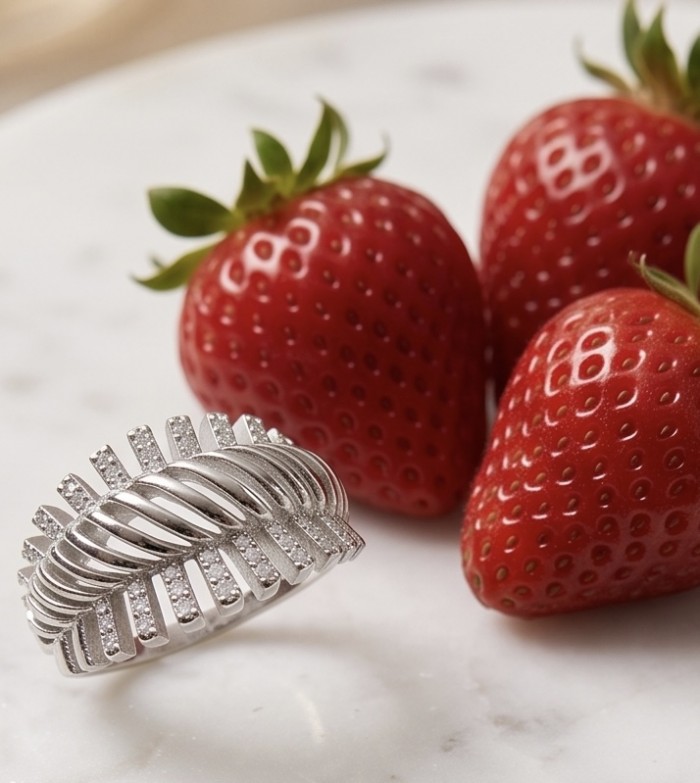 Perfection Round cut 3.2 carat White Topaz rhodium over .925 Silver handcrafted Cocktail Ring s. 7 1/2 - Elegant ring with white topaz, side view, next to fresh strawberries.