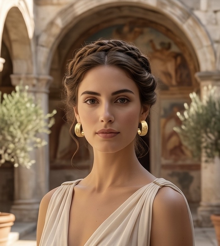 Dubai Style - .925 Sterling Silver dipped in 22K Gold handmade Earrings - Earrings worn by a woman in an ancient setting, with intricate details.