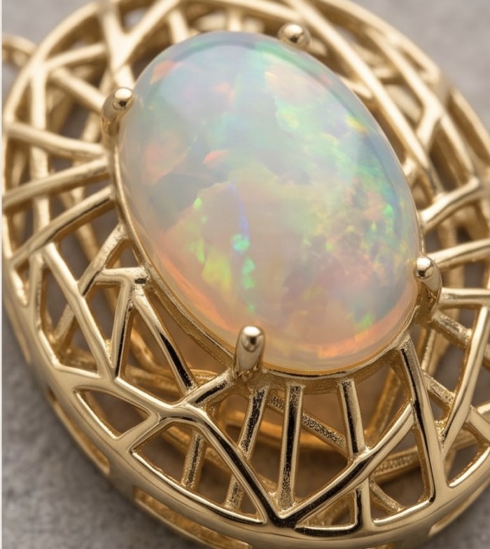 Earth Treasure Authentic 12.8 carat Golden Ethiopian Opal 22K Gold over .925 Sterling Silver handcrafted Statament Necklace - Close-up of Ethiopian opal set in intricate gold lattice.