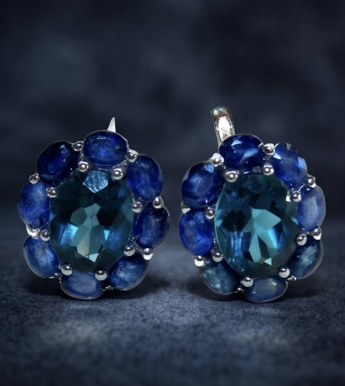 Forget-me-not 9.5 carat London Blue Topaz rhodium over .925 Sterling Silver handmade earrings - Close-up of Forget-me-not earrings with London Blue Topaz stones.