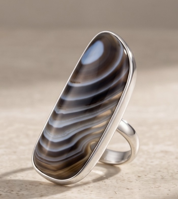Sahara Dune Top Quality Botswana Agate .925 Sterling Silver handcrafted Ring s. 8 adjustable - Side view of Sahara Dune Botswana Agate ring in sterling silver.