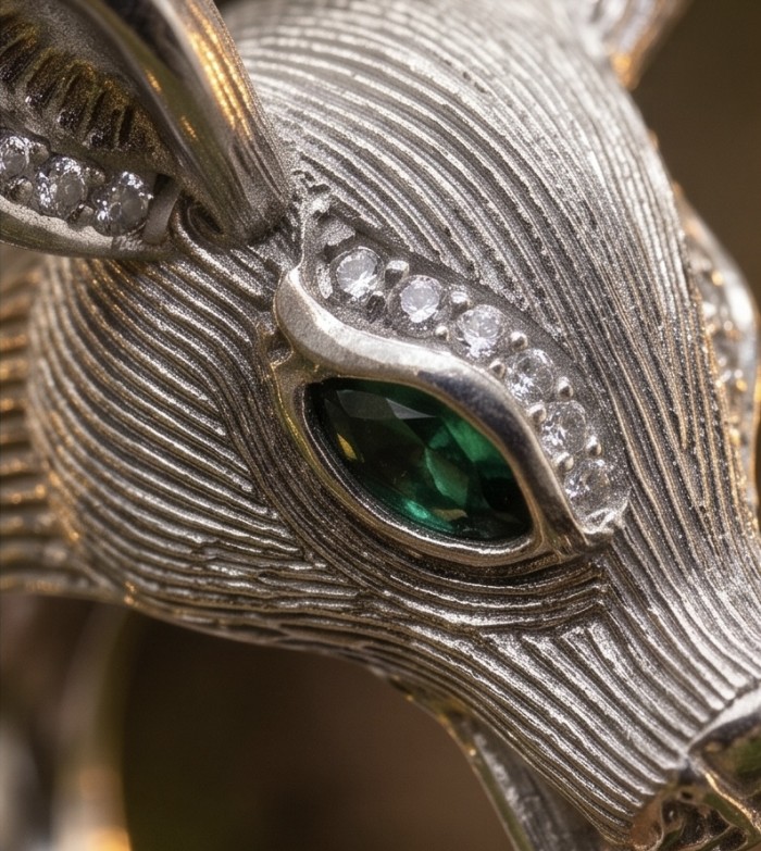 Deer'S Head 0.5 carat Emerald .925 Sterling Silver handmade Statement Ring s. 7 1/4 - Close-up of sterling silver deer head with emerald and diamond details