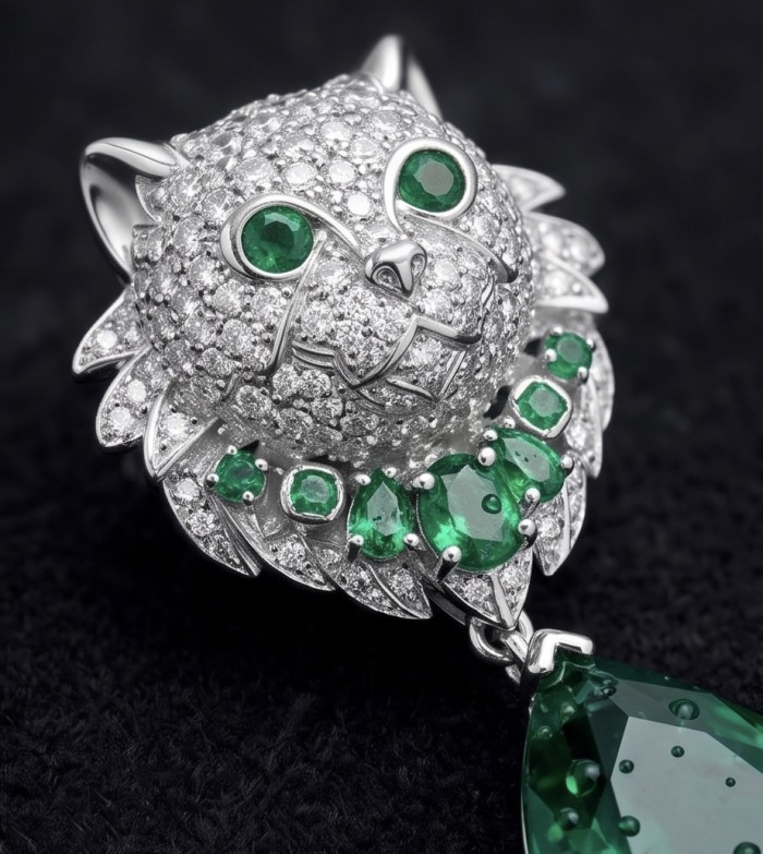 Elegant luxurious Cat 14.7 carat Colombian Emerald rhodium over .925 Sterling Silver handcrafted Statement earrings - Cat-shaped jewelry with emeralds and diamonds, front close-up view.