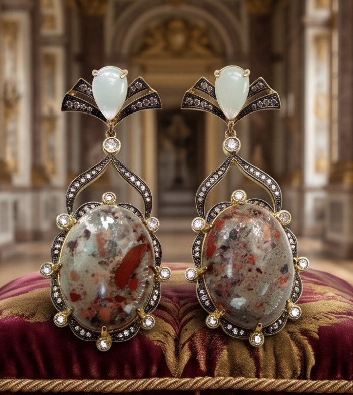 Morrisonite Jasper - "King of Jaspers" FROM OREGON .925 Sterling Silver dipped in 14K Gold handcrafted Statement Earrings - Front view of Morrisonite Jasper earrings on a velvet cushion.