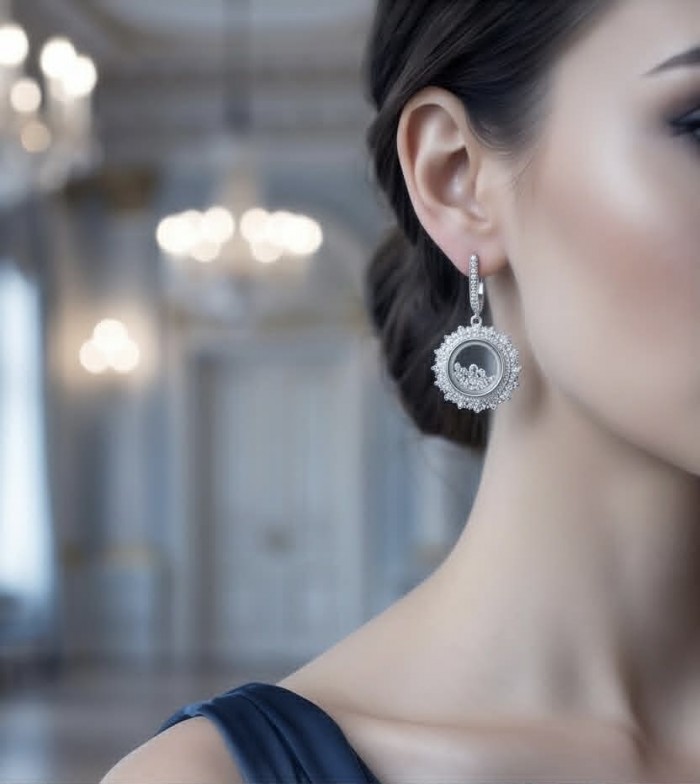 Floating Memories 12.5 carat White Sapphire .925 Sterling Silver Handcrafted Statement earrings - Earring worn on ear, showcasing Floating Memories white sapphire design.