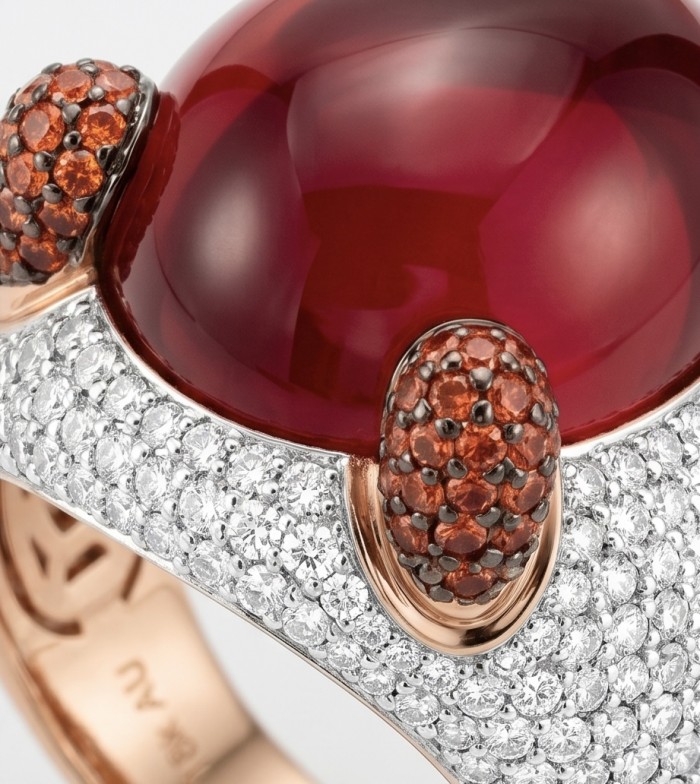 Abstract Beauty 24.6 ctw Red Topaz 6.2 carat pave Ruby .925 Sterling Silver dipped in 22K Rose Gold handcrafted Statement Ring size 7 - Close-up of Art Deco ring with red topaz and pave ruby detail