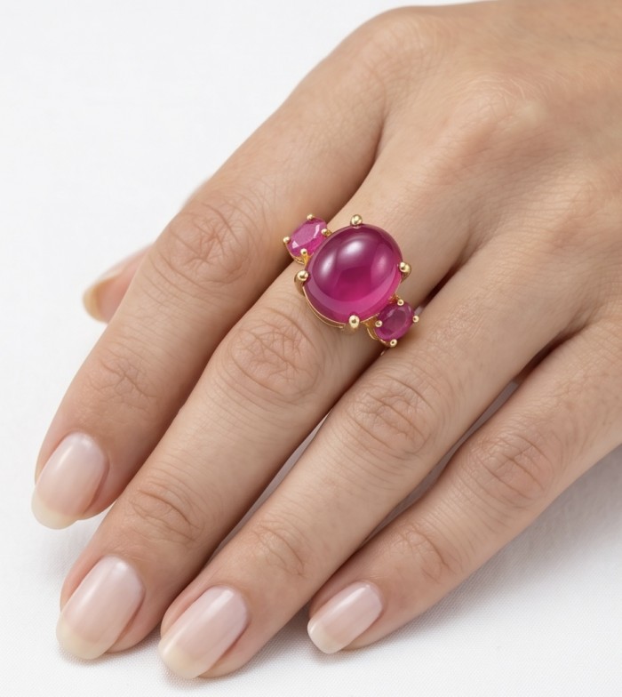 Giuseppina - Magnificent 10.7 carat authentic Ruby 22K Gold over .925 Sterling Silver handcrafted Statement Ring size 6 - Ruby ring in 22K gold worn on hand, showcasing stones and setting.