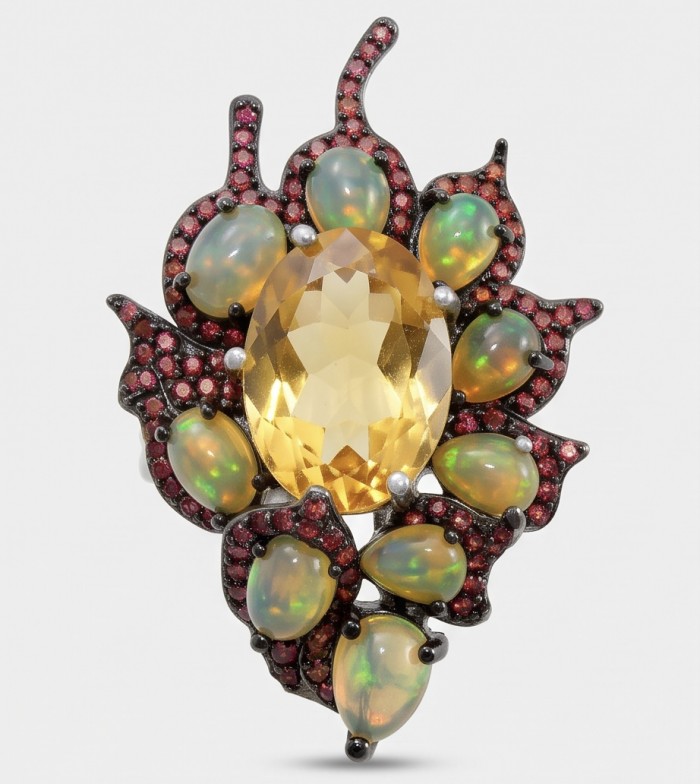 Giovanna 9.2 carat Brazilian Citrine 5.2 carat Australian Fire Opal .925 Sterling Silver dipped in rhodium handcrafted ring; s. 7 1/4 - Close-up of Giovanna Brazilian Citrine and Australian Opal brooch.