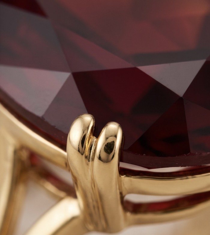 Carmen Natural 25.4 carat Ruby .925 Sterling Silver dipped in 22K Gold handmade Large Statement Ring size 8 - Stone close-up of Carmen Ruby in gold setting.