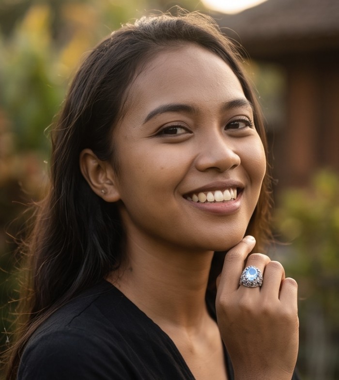 Massive Deep Blue 22.8 carat Aquamarine Marcasite .925 Sterling Silver handcrafted ring size 7 - Worn on hand: Large aquamarine and marcasite ring, smiling model.