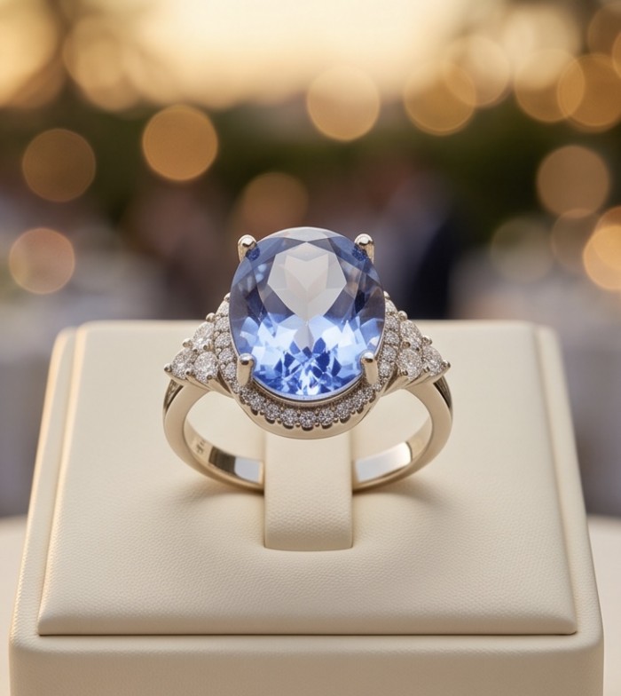 Born to Glam 8.2 carat natural Tanzanite .925 Sterling Silver dipped in rhodium Perfectly handcrafted Ring s. 7 - Tanzanite ring on display, frontal view, 8.2 carat, sterling silver.