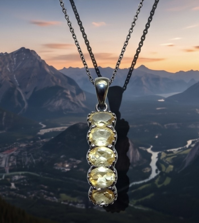 Victoria Authentic 9.4 carat Brazilian Citrine .925 Sterling Silver dipped in black rhodium brilliantly handcrafted Pendant - Citrine pendant front view, 9.4 carat, on sterling chain, mountain backdrop