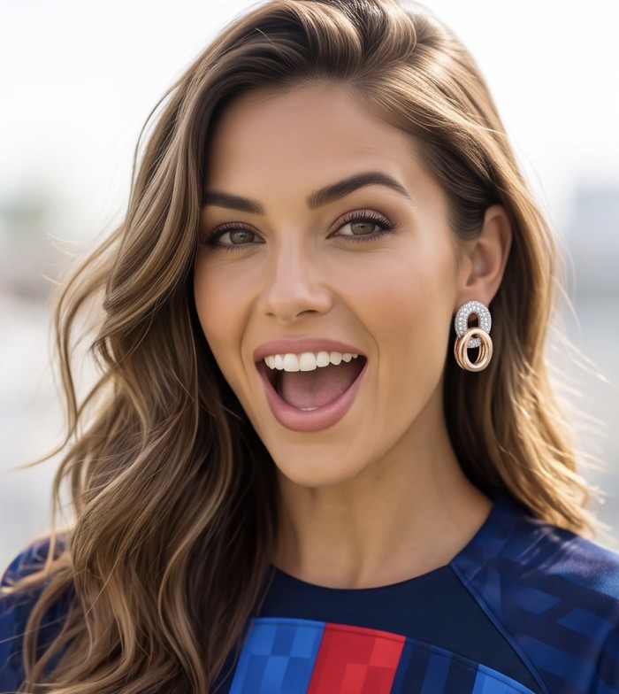 Top quality Sublime 1.38 carat pave White Topaz 14K Rose Gold over .925 Sterling Silver handcrafted Earrings - Close-up of woman wearing Sublime 1.38 carat pave White Topaz earrings.