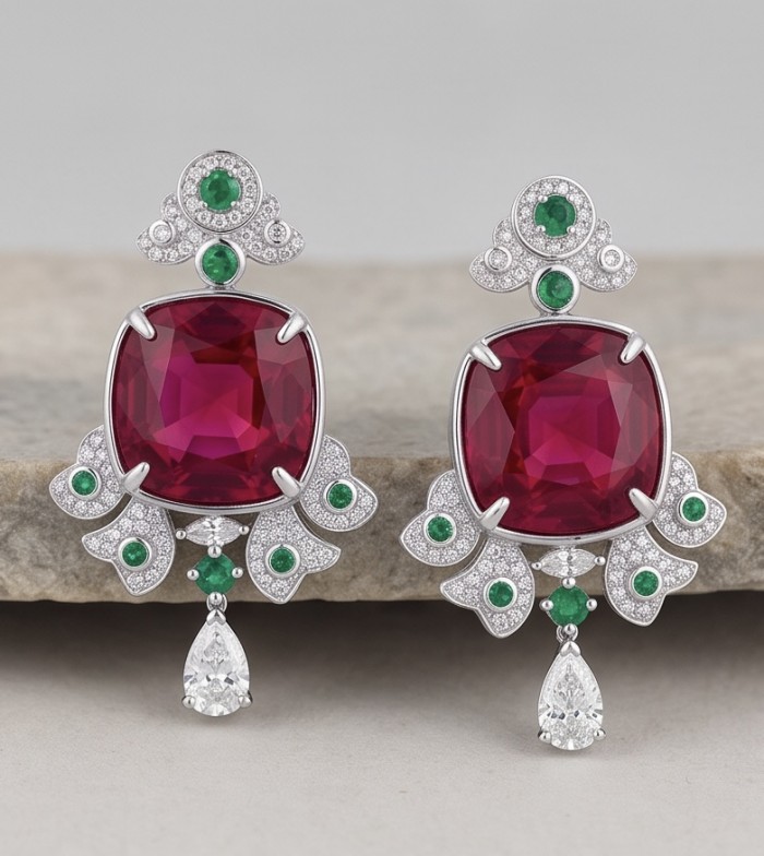 Art deco Magnificent Jewel 20.4 carat Ruby .925 Sterling Silver dipped rhodium handcrafted incredible earrings - Front view of Art Deco earrings with rubies and emerald accents