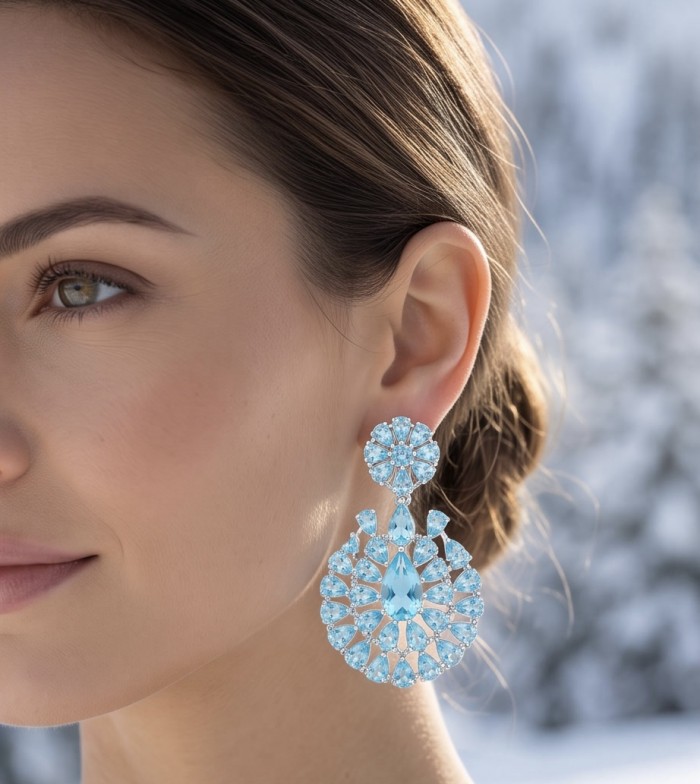 Tranquillity - 27.7 carat carved Swiss Blue Topaz .925 Sterling Silver dipped in Rhodium Handcrafted Statement earrings - Close-up of Tranquillity earring with Swiss Blue Topaz worn on ear