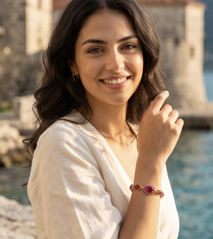 Bella Rosa - 29.4 carat authentic Mozambique Ruby .925 Sterling Silver dipped in 22K Gold handcrafted Bracelet - Woman wearing Bella Rosa ruby bracelet by the sea.