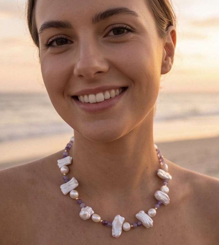 Colors of the Ocean - Outstanding MOTHER OF Pearl .925 Sterling Silver diped in 14K Gold handcrafted Statement necklace - Woman wearing Colors of the Ocean necklace at the beach.
