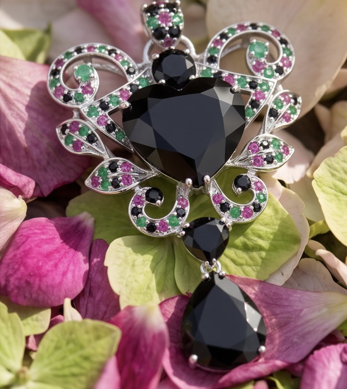 Marie Antoinette's Style 33.8 grams natural Black Onyx .925 Sterling Silver dipped in Rhodium handmade LARGE Pendant - Brooch - Ornate black onyx pendant with gemstones in floral backdrop, top view.