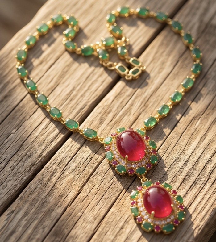 RARE BEAUTY! Valentina 88.2 carat Mozambique Ruby 22K Gold .925 Sterling Silver Statement Necklace - Elegant necklace with large ruby and emeralds on wooden surface