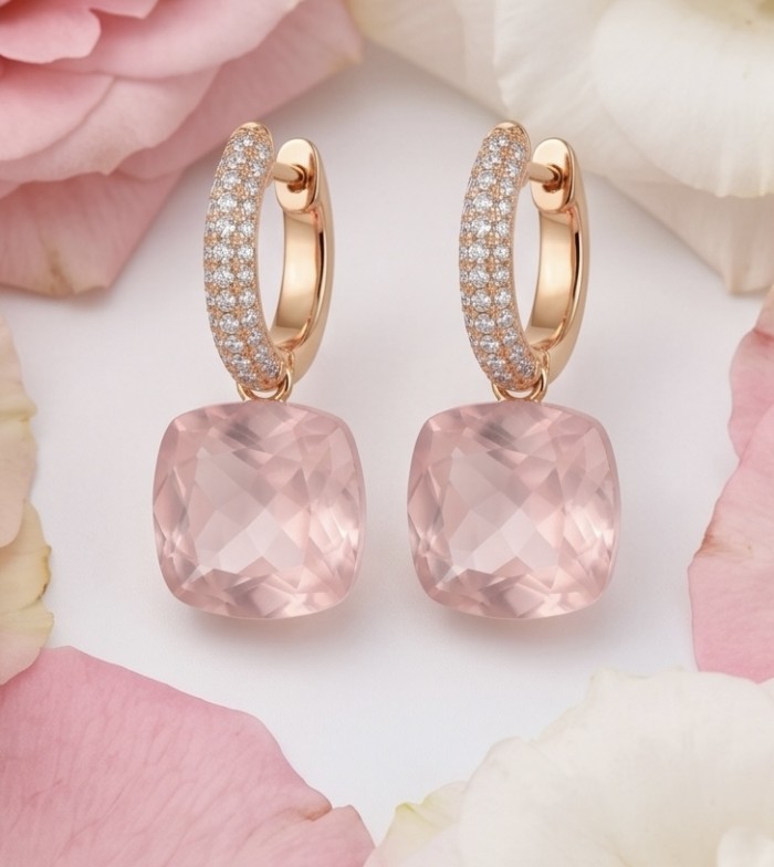 The Love Stone - Authentic 5.9 carat Rose Quartz .925 Sterling Silver luxuriously dipped in 22K Rose Gold handmade earrings - Pair of rose quartz earrings with diamond hoops on floral background