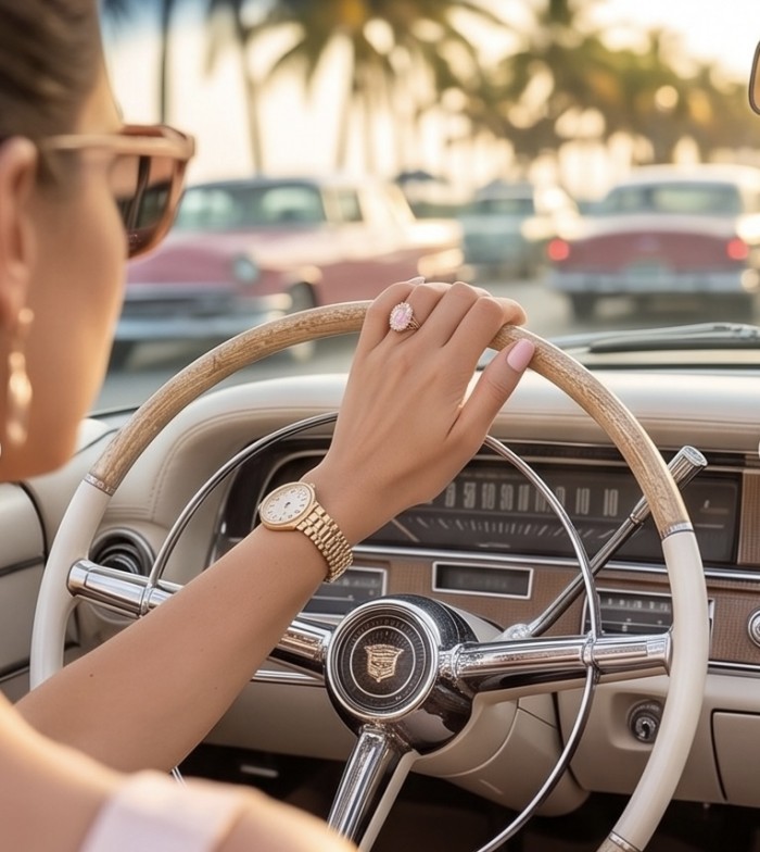 Top quality 22.2 carat Brazilian Rose Quartz .925 Sterling Silver dipped in 18K Gold Handcrafted Ring size 10 1/4 - Rose Quartz ring worn on hand while driving a vintage car.