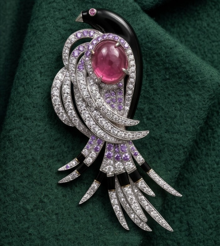Phoenix Natural 14.8 carat Ruby Rhodium over .925 Sterling Silver handcrafted Brooch - Phoenix brooch with ruby centerpiece, detailed view on green fabric.