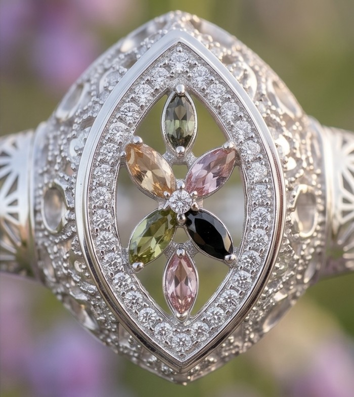 Casablanca - authentic 3.6 carat Brazilian Tourmaline .925 Sterling Silver Bracelet - Close-up of Casablanca ring with Brazilian Tourmaline stones.