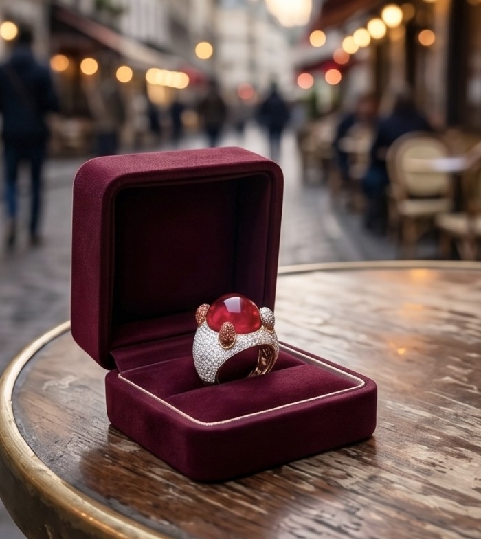 Abstract Beauty 24.6 ctw Red Topaz 6.2 carat pave Ruby .925 Sterling Silver dipped in 22K Rose Gold handcrafted Statement Ring size 7 - Red topaz ring in open box on outdoor café table, close-up view.