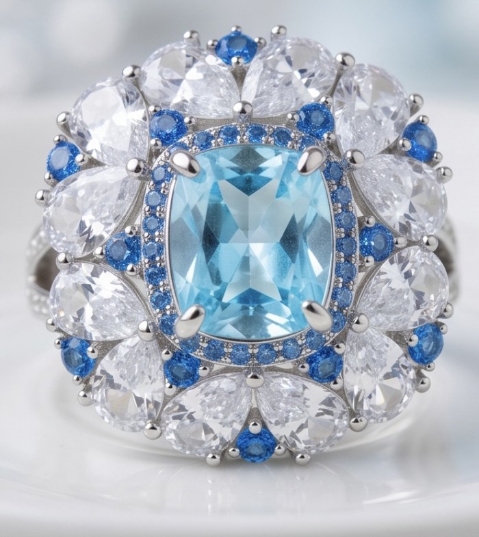 Mademoiselle - 24.5 carat natural Swiss Blue Topaz .925 Sterling Silver dipped in Rhodium handcrafted Large Statement Ring size 9 1/4 - Close-up of Mademoiselle Swiss Blue Topaz ring with intricate detailing