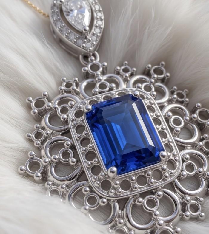 Born to Glam 2.2 carat natural Sapphire .925 Sterling Silver Perfectly handcrafted Pendant - Close-up of sapphire pendant in sterling silver on a soft fur background.
