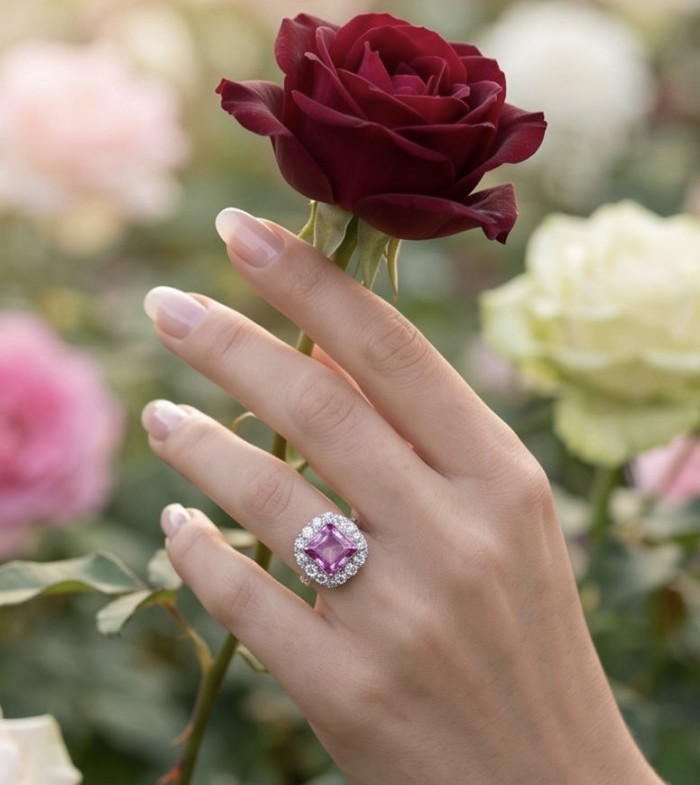 Anastasia princess cut 8.2 carat Pink Sapphire .925 Sterling Silver dipped in Rhodium Handcrafted Statement Ring size 7 1/4 - Ring worn on hand holding a rose, pink sapphire stone close-up