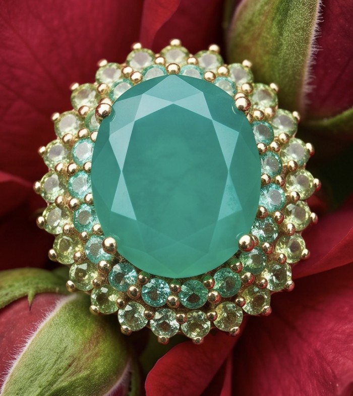 Elizabeth oval cut 22.8 carat Colombian Emerald 22K Gold over .925 Sterling Silver handcrafted Ring size 6 3/4 - Close-up of Elizabeth oval cut 22.8 ct Colombian Emerald in 22K gold setting