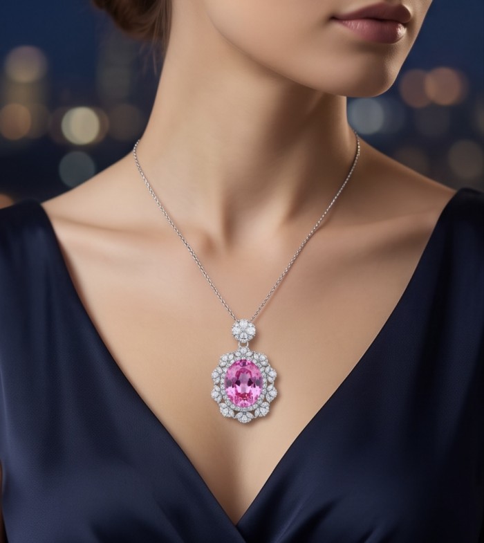Tiffany Incredible oval cut 20.4 carat Pink Sapphire .925 Sterling Silver handcrafted pendant - Pink sapphire necklace worn, front view close-up, glamorous setting