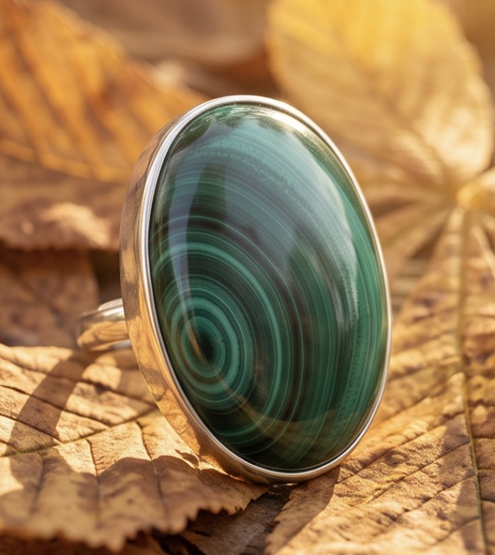 Green River 33.2 CARAT genuine Malachite from Utah .925 Sterling Silver handcrafted ring size 8 adjustable - Oval malachite ring close-up on autumn leaves background.