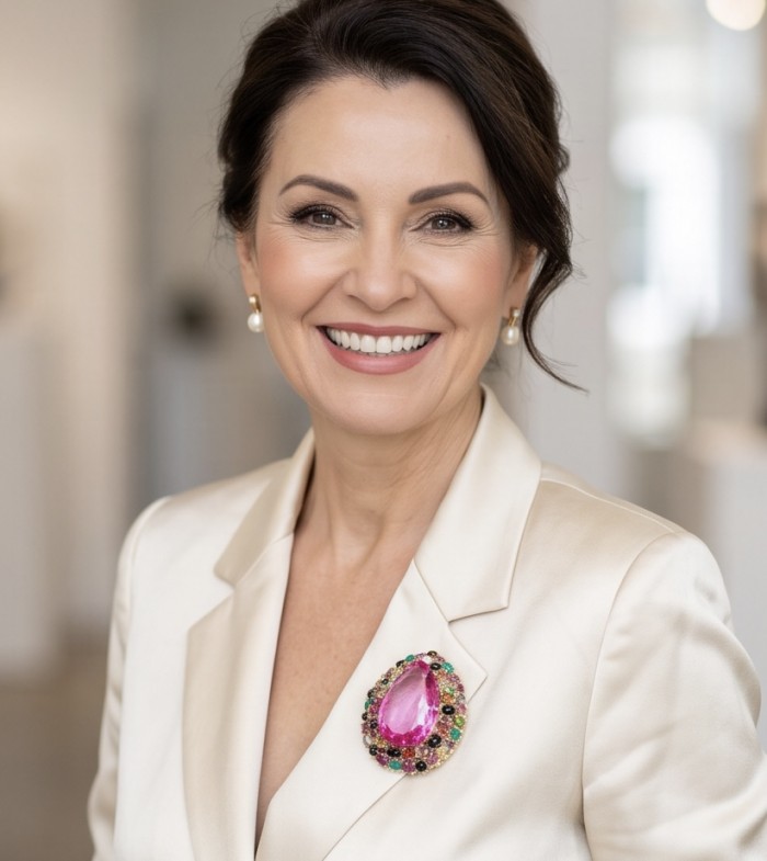 An exuberantly Large 69.8 grams Vintage style Pink Sapphire 44.2 Brazilian Tourmaline .925 Sterling Silver handmade LARGE Pendant - Brooch - Woman wearing large vintage style pink sapphire brooch close-up.