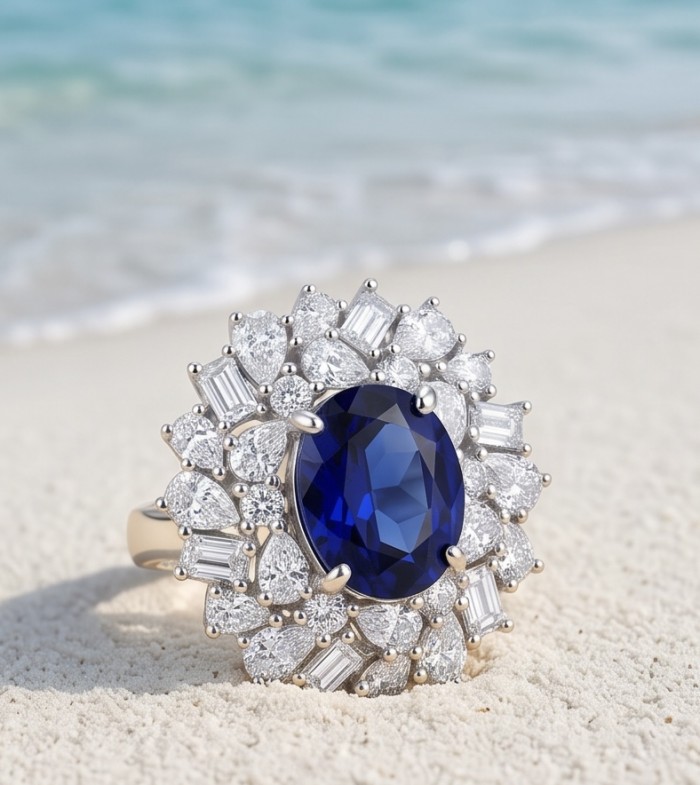 Authentic 5.5 carat Kyanite Moissanite .925 Sterling Silver handcrafted Ring size 5 1/4 - Close-up of 5.5 carat kyanite and moissanite ring on sandy beach.