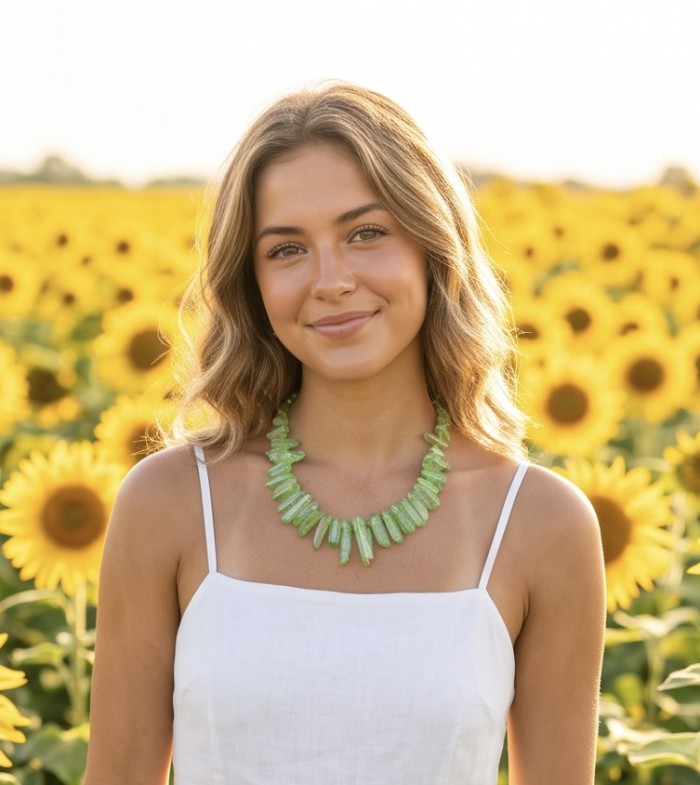 Mint-Green Halite Crystal Cluster .925 Sterling Silver handmade Necklace - Mint-Green Halite Crystal Cluster necklace worn by a woman in a sunflower field.