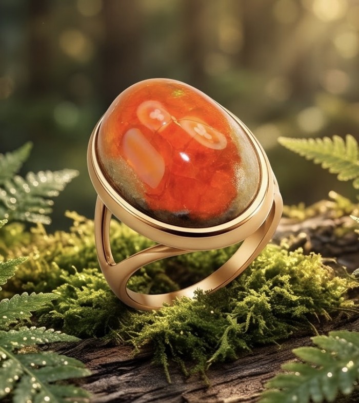Golden Galaxy best quality 21.9 carat Mexican Opal 18K Gold over .925 Sterling Silver handmade ring 8 - Mexican Opal ring close-up on moss, 18K gold, 21.9 carats.