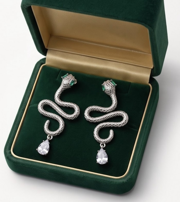 Very Unique Snakes .925 Sterling Silver handcrafted earrings - Earrings shaped like snakes in green velvet display box, top view.