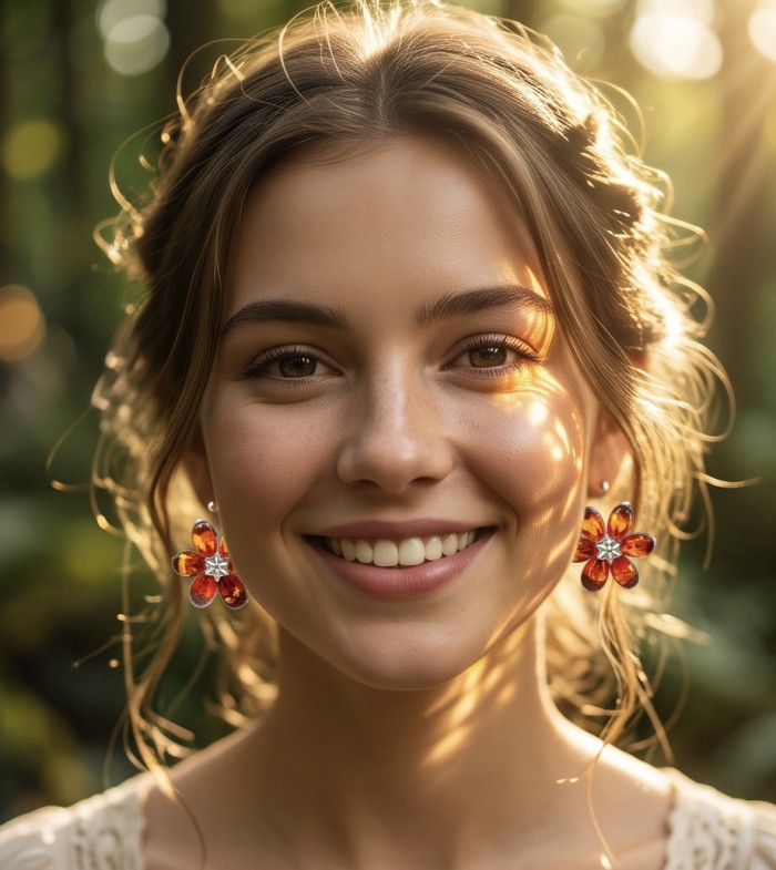Wonderful natural Buttescotch Baltic Amber .925 Sterling Silver entirely handcrafted earrings - Amber flower earrings worn in outdoor sunlight, close-up view.
