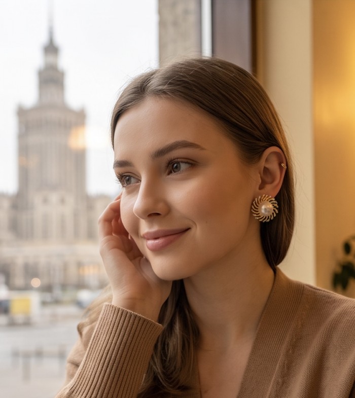 Genuine Pearl 18k Gold over .925 Sterling Silver handcrafted Statement Earrings - Woman wearing Genuine Pearl 18k Gold earrings, side profile view.