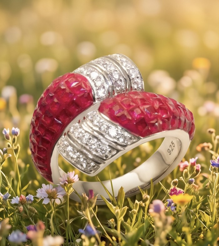 Scarlett 7.7 ctw Mozambique Ruby .925 Sterling Silver dipped in rhodium handcrafted Statement Ring size 7 1/4 - Close-up of Scarlett 7.7 ctw Mozambique Ruby Sterling Silver ring