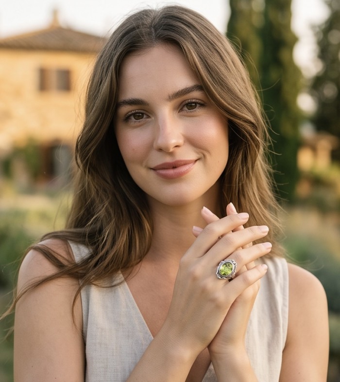 Big Dreamer Massive 25.8 carat Green Topaz .925 Sterling Silver handcrafted Large ring size 11 - Woman wearing Green Topaz Sterling Silver ring on hand.