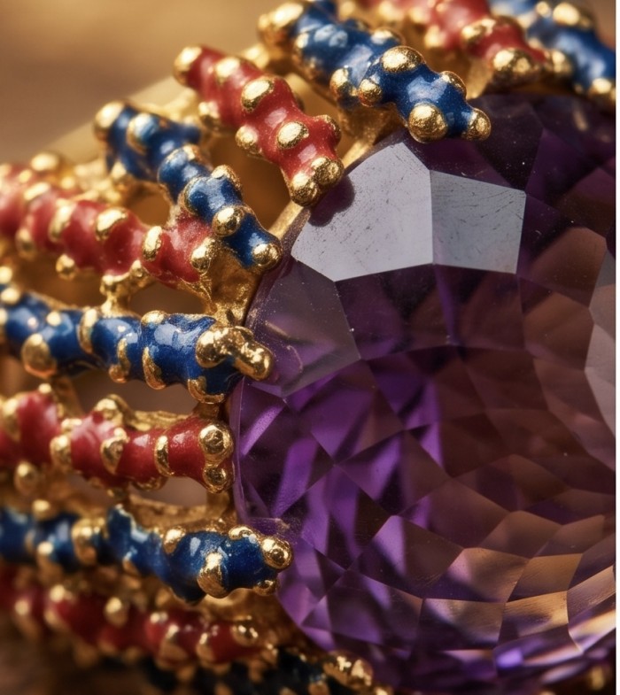Peace 14.5 carat natural Fancy Rose cut Amethyst Enamel 22K Gold over .925 Sterling Silver Handcrafted Ring size 7 3/4 - Close-up of 14.5 ct amethyst in 22K gold setting with red, blue accents.