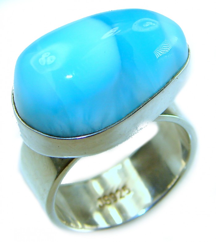 Blue Perfection AUTHENTIC Larimar .925 Sterling Silver handmade Large ring size 6 3/4 - Close-up of Larimar stone on sterling silver ring, side view.