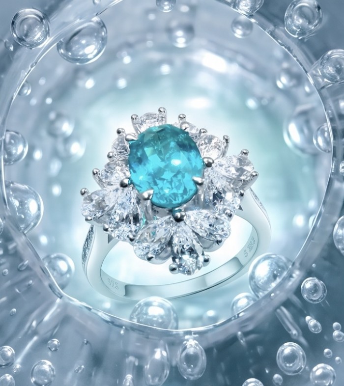 Wonderland 4.5 carat Brazilian Paraiba Tourmaline .925 Sterling Silver Handcrafted Ring size 8 - Close-up of Wonderland ring with Paraiba tourmaline and diamonds.