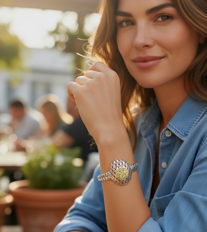 Casablanca - authentic 2.2 carat yellow Sapphire .925 Sterling Silver Bracelet - Woman wearing Casablanca bracelet with yellow sapphire, side view.